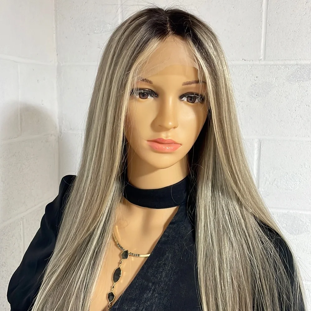 NWT ash blonde human hair wig highlights 100%virgin Remy preplucked hand tied 32
